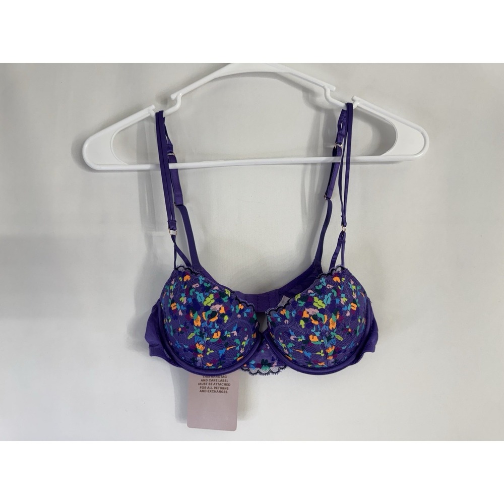 Savage X Fenty Bra 32B Purple Floral Lace Underwire Push Up Adjustable NWT‎